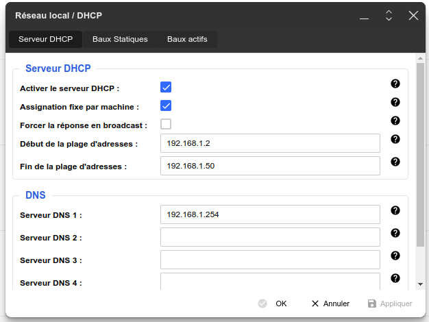 Ouverture des paramètres DHCP