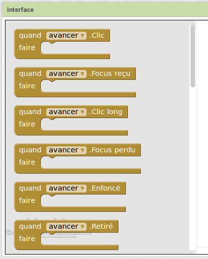 Menu du bouton Avancer